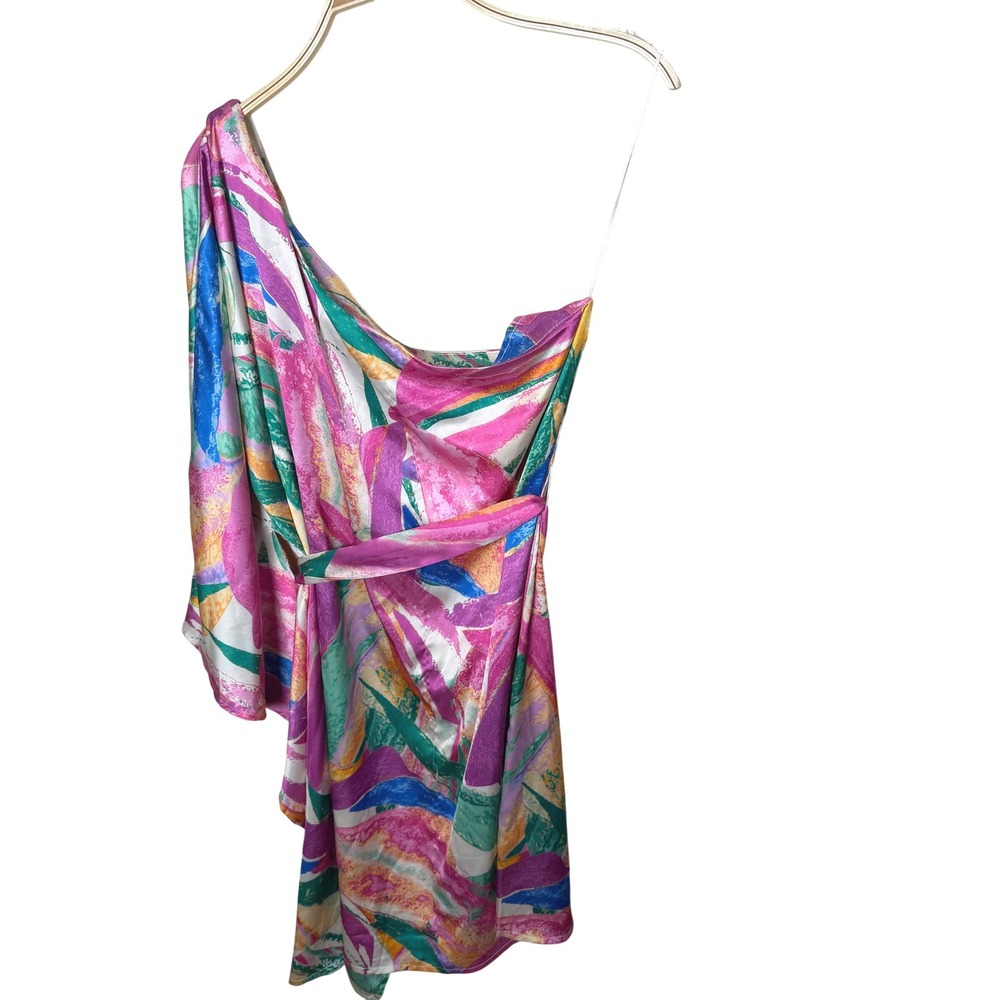 Flying Tomato One-Shoulder Mini Dress in Pink, Teal, Blue & Gold Abstract Print